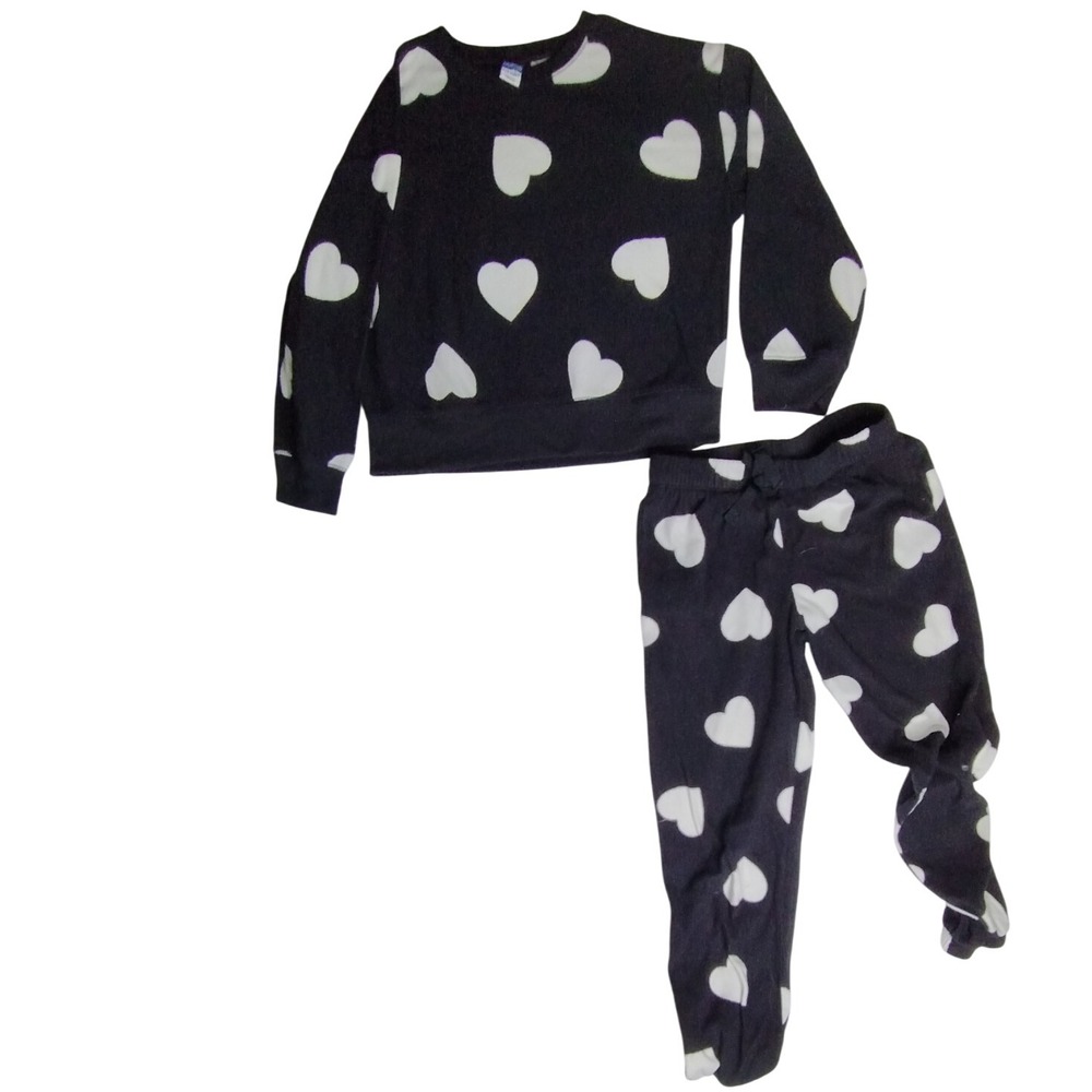 Old Navy Girls M Hearts Black Pajama Set Matching Top & Bottoms Kid's‎ Medium